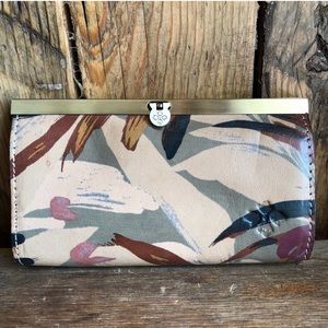 Patricia Nash Cauchy Leather Wallet - palm leaves, brass, green, 90’s throwback